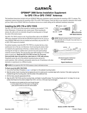 Page 1
GPSMAP® 3000 Series Installation Supplement 
for GPS 17N or GPS 17HVS™ Antennas
The Installation Instructions included with your GPSMAP 3000 series chartplotter contain instructions for mounting a GPS 17x antenna. This 
supplement contains instructions for mounting a GPS 17N or GPS 17HVS antenna. Check the label on your antenna to determine which model 
you have. Refer to the GPSMAP 3000 Series Installation Instructions to install cabling and for additional installation instructions.
Installing the GPS...