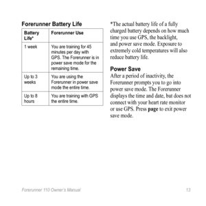 Page 13Forerunner 110 Owner’s Manual 13
Forerunner Battery Life
Battery 
Life*Forerunner Use
1 week
You are training for 45 
minutes per day with 
GPS. The Forerunner is in 
power save mode for the 
remaining time.
Up to 3 
weeks You are using the 
Forerunner in power save 
mode the entire time.
Up to 8 
hours You are training with GPS 
the entire time.
*The actual battery life of a fully 
charged battery depends on how much 
time you use GPS, the backlight, 
and power save mode. Exposure to 
extremely cold...