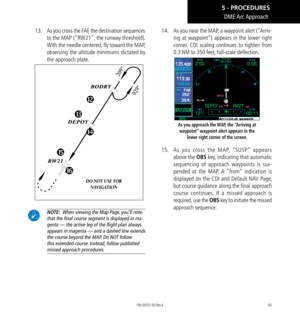 Page 10595
13.  As you cross the FAF, the destination sequences 
to the MAP (“RW21”, the runway threshold). 
With the needle centered, fly toward the MAP, 
observing the altitude minimums dictated by 
the approach plate. 
DO NOT USE FOR  
NAVIGATION
 NOTE:  When viewing the Map Page, you’ll note that the f﻿inal course segment is displayed in ma
-
genta — the active leg of the flight plan always appears in magenta — and a dashed line extends the course beyond the MAP. Do NOT follow this extended course. Instead,...