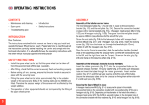 Page 4CONTENTS 
- Maintenance and cleaning  - Introduction  
- Spare parts  - Safety instructions  
- Troubleshooting plan
INTRODUCTION 
Dear Customer,
The instructions contained in this manual are there to help you install \
and 
operate the Spare Wheel Carrier easily. Please take time to read through\
 all 
the instructions carefully before installing the carrier and comply with\
 the 
technical information. It is advisable to keep the operating instruction\
s with 
the other vehicle manuals supplied with...