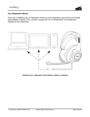 Page 121Documento No.  480HX - HSCRS001.A01   Headset HyperX Cloud Revolver S   Página  20   do  20  Uso (Dispositivo Móvel) 
Para usar o headset com um dispositivo móvel (ou outro dispositivo) que tenha uma entrada 
para headset (4 polos CTIA), conecte o plugue de 3,5 mm diretamente na entrada para 
headset do seu dispositivo.  Utilizando com o dispositivo móvel (telefone, tablet ou notebook)  