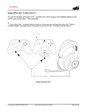 Page 17Document No. 480HX-HSCRS 001.A01 HyperX Cloud Revolver  S Headset  Page 16 of 20  Usage (Xbox One
™ 
& Xbox One S ™
) 
To use the headset with Xbox One ™
, connect the 3.5mm plug on the headset directly to the 
3.5mm jack on the Xbox ™
 One controller  
* If your Xbox One ™
 controller doe s not have a 3.5mm jack  you will need the Xbox One ™
 
 Stereo
Headset adapter (sold separately) that plugs into the Xbox One ™
 controller (pictured below.)
Using with Xbox One™
* 