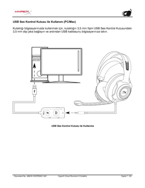 Page 168Document No.  480HX - HSCRS001.A01   HyperX Cloud Revolver S Kulaklık   Sayfa  7   /  20  USB Ses Kontrol Kutusu ile Kullanım (PC/Mac)
 
Kulaklığı bilgisayarınızda kullanmak için, kulaklığın 3,5 mm fişini USB Ses Kontrol Kutusundaki 
3,5 mm dişi jaka bağlayın ve ardından USB kablosunu bilgisayarınıza takın.   USB Ses Kontrol Kutusu ile Kullanma  