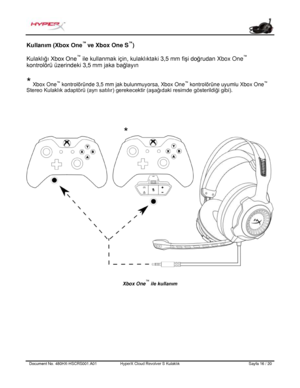 Page 177Document No.  480HX - HSCRS001.A01   HyperX Cloud Revolver S Kulaklık   Sayfa  16   /  20  Kullanım (Xbox One
™ 
ve Xbox One S ™
) 
Kulaklığı Xbox One ™
 ile kullanmak için, kulaklıktaki 3,5 mm fişi doğrudan  Xbox One™
 
kontrolörü üzerindeki 3,5 mm  jaka bağlayın   
* Xbox One ™
 kontrolör ünde 3,5 mm jak bulunmuy orsa, Xbox One™
 kontrolörün e uyumlu Xbox One ™ 
Stereo Kulaklı k adaptörü (ayrı  satılır) gerekecekt ir (aşağıdaki res imde gösterildiği gibi). Xbox One
™
 ile kullanım * 