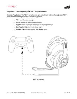 Page 179Document No.  480HX - HSCRS001.A01   HyperX Cloud Revolver S Kulaklık   Sayfa  18   /  20  Doğrudan 3,5 mm bağlantı (PS4
™
 & PS4 ™
 Pro)  ile kullanım  
Kulaklığı PlayStation ™
 4 (PS4 ™
) ile kullanmak için, kulaklıktaki 3,5 mm fişi doğrudan PS4 ™
 
oyun  kontrolörüne bağlayın ve şu adımları uygulayın:  1.
PS4 ™
 oyun konsolunuzu açın.
2. Ayarlar Menüsüne gidip bu menüyü seçin.
3. ‘Aygıtlar ’ menü seçeneğini vurgulayıp bu seçeneği belirleyin.
4. ‘Ses Aygıtları ’ öğesine inip bu öğeyi seçin.
5....