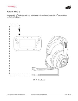 Page 180Document No.  480HX - HSCRS001.A01   HyperX Cloud Revolver S Kulaklık   Sayfa  19   /  20  Kullanım (Wii U
™
) 
Kulaklığı Wii U ™
 ile kullanmak için, kulaklıktaki 3,5 mm fişi doğrudan Wii U ™
 oyun tablası 
kontrolüne bağlayın.  Wii U
™
 ile kullanım 