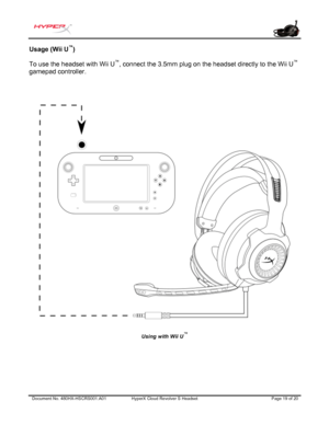 Page 20Document No. 480HX-HSCRS 001.A01 HyperX Cloud Revolver  S  Headset  Page 19 of 20  Usage (Wii U
™
) 
To use the headset with Wii U ™
, connect the 3.5mm plug on the headset directly to the Wii U ™
 
gamepad controller. 
Using with Wii U™ 