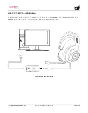 Page 208문서번호   480HX - HSCRS001.A01   Hyp erX Cloud Revolver S  헤드셋   7 페이지   20  USB 
오디오  제어  박스  사용 (PC/Mac) 
컴퓨터에  헤드셋을  사용하려면, USB  오디오 제어 박스의  Female 타입 3.5mm 잭에 헤드셋의  
3.5mm  플러그를
 연결한 다음 컴퓨터에  USB  케이블을  연결합니다.    USB 
오디오 제어 박스 사용  