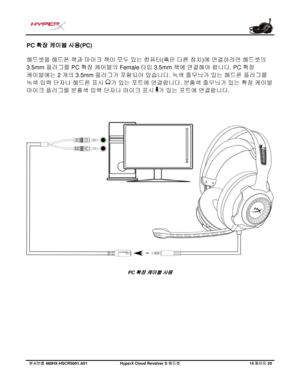 Page 216문서번호   480HX - HSCRS001.A01   Hyp erX Cloud Revolver S  헤드셋   15 페이지   20  PC 
확장  케이블  사용(PC) 
헤드셋을  헤드폰  잭과 마이크 잭이  모두 있는  컴퓨터 (혹은 다른  장치) 에 연결하려면  헤드셋의  
3.5mm  플러그를  PC  확장
 케이블의 Female 타입 3.5mm 잭에 연결해야  합니다. PC  확장 
케이블에는  2개의
 3.5mm  플러그가 포함되어 있습니다 . 녹색 줄무늬가 있는 헤드폰 플러그를  
녹색
  입력 단자나  헤드폰 표시  가 
있는 포트에 연결합니다 . 분홍색 줄무늬가 있는 확장  케이블  
마이크
  플러그를  분홍색 입력 단자나  마이크 표시  가
 있는 포트에 연결합니다.     PC 
확장 케이블 사용   