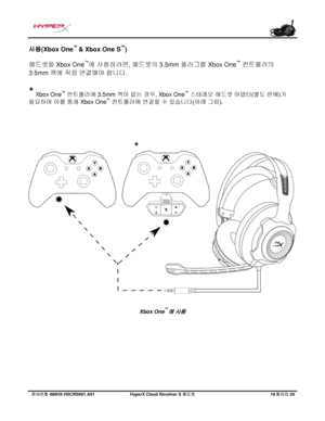 Page 217문서번호   480HX - HSCRS001.A01   Hyp erX Cloud Revolver S  헤드셋   16 페이지   20  사용(Xbox 
One™ 
& Xbox One S ™
) 
헤드셋을
 Xbox  One™
에 사용하려면, 헤드셋의 3.5mm  플러그를 Xbox One™
 컨트롤러의 
3.5mm  잭
에 직접 연결해야 합니다.   
* Xbox 
One ™
 컨트롤러에 3.5m m 잭이 없는 경우, X
box One™
 스테레오 헤드셋 어댑터 (별도 판매)가
필요하며 이를 통해 Xbox One ™
 컨트롤러에 연결할 수 있습니다 (아래 그림). Xbox One
™
에 사용  * 