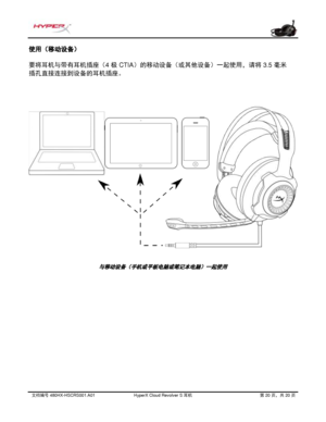 Page 281文档编号   480HX - HSCRS001.A01   HyperX Cloud Revolver S  耳机   第   20   页，共   20   页  使用（移动设备）
 
要将耳机与带有耳机插座（4  极 CTIA ）的移动设备（或其他设备）一起使用，请将 3.5 毫米  
插孔直接
连接到设备的耳机插座。 
与移动设备（手机或平板电 脑或笔 记本电脑 ）一起使用  