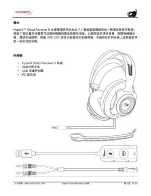 Page 284文件號碼： 480HX - HSCRS001.A01   HyperX Cloud Revolver S  耳機   第   3   頁，共   20  簡介 
HyperX ™
 Cloud Revolver  S 支援隨插即用的杜比 7.1  聲道虛擬環繞音效－無須安裝任何軟體。  
模擬
  7  個位置的揚聲器可以提供精確的聲音距離和深度，以劇院級的清晰音質，聆聽每個腳步
聲、爆破和槍砲聲。高階  USB DSP 音效卡能適用於各種環境，不論你在任何系統上遊戲都能享
受一致的頂級音質。   內容物
• HyperX Cloud Revolver S  6i •
• 
%