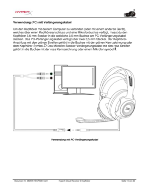 Page 56Dokument Nr.  480HX - HSCRS001.A01   HyperX Cloud Revolver S Kopfhörer   Seite  15   von  20  Verwendung (PC) mit Verlängerungskabel 
Um den Kopfhörer mit deinem Computer zu verbinden (oder mit einem anderen Gerät), 
welches über einen Kopfhöreranschluss und eine Mikrofonbuchse verfügt, musst du den 
Kopfhörer 3,5 mm-Stecker in die weibliche 3,5 mm Buchse am PC-Verlängerungskabel 
stecken. Das PC-Verlängerungskabel verfügt über zwei 3,5 mm Stecker. Der Kopfhörer-
Anschluss mit den grünen Streifen gehört...
