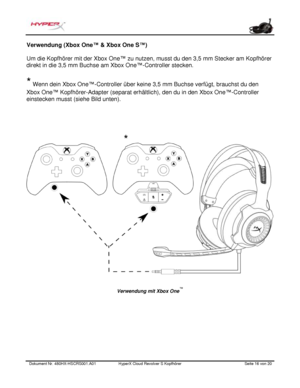 Page 57Dokument Nr.  480HX - HSCRS001.A01   HyperX Cloud Revolver S Kopfhörer   Seite  16   von  20  Verwendung (Xbox One
™ & Xbox One S™) 
Um die Kopfhörer mit der Xbox One ™
 zu nutzen, musst du den 3,5 mm Stecker am Kopfhörer 
direkt in die 3,5 mm Buchse am Xbox One ™
-Controller stecken. 
* Wenn dein Xbox One
™-Controller über keine 3,5 mm Buchse verfügt, brauchst du den
Xbox One
™  Kopfhörer-Adapter (separat erhältlich), den du in den Xbox One ™-Controller
einstecken musst (siehe Bild unten). Verwendung...