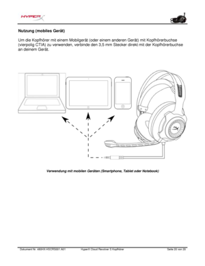 Page 61Dokument Nr.  480HX - HSCRS001.A01   HyperX Cloud Revolver S Kopfhörer   Seite  20   von  20  Nutzung (mobiles Gerät) 
Um die Kopfhörer mit einem Mobilgerät (oder einem anderen Gerät) mit Kopfhörerbuchse 
(vierpolig CTIA) zu verwenden, verbinde den 3,5 mm Stecker direkt mit der Kopfhörerbuchse 
an deinem Gerät.  Verwendung mit mobilen Geräten (Smartphone, Tablet oder Notebook)  