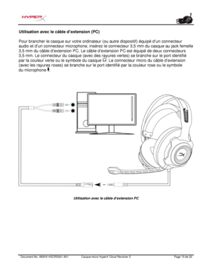 Page 76Document No.  480HX - HSCRS001.A01   Casque - micro HyperX Cloud Revolver S   Page  15   de  20  Utilisation avec le câble d
’extension (PC) 
Pour brancher le casque sur votre ordinateur (ou autre dispositif) équipé d ’un connecteur 
audio et d ’un connecteur microphone, insérez le connecteur 3,5 mm du casque au jack femelle 
3,5 mm du câble d ’extension PC. Le câble d
’extension PC est équipé de deux connecteurs  
3,5 mm. Le connecteur du casque (avec des rayures vertes) se branche sur le port identifié...