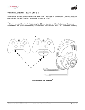 Page 77Document No.  480HX - HSCRS001.A01   Casque - micro HyperX Cloud Revolver S   Page  16   de  20  Utilisation (Xbox 
One™ 
& Xbox One S ™
) 
Pour utiliser le casque-micro avec une Xbox One ™
, branchez le connecteur 3,5mm du casque 
directement sur le  con necteur 3,5m m de la console Xbox ™
. 
*  Si votre  console Xbox  One™
 n ’a pas  de prise 3,5mm , vous devez  utiliser  l’adaptateur  de casque 
stéréo Xbox  One™
 (ven du sépar ément) qui  se branc he sur la console Xbox One ™
 (illustrée...