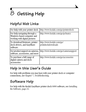 Page 6151
8Getting Help
Helpful Web Links
Help in this User’s Guide
For help with problems you may have with your printer dock or computer 
connections, see Chapter 7, Troubleshooting.
Software Help
For help with the Kodak EasyShare printer dock 6000 software, see Installing 
the Software, page 24. For help with your printer dockhttp://www.kodak.com/go/printerdock
For help navigating through a 
Windows-based computer and 
working with digital pictureshttp://www.kodak.com/go/pcbasics
To download firmware,...