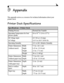 Page 6555
9Appendix
This appendix serves as a resource for technical information about your 
printer dock.
Printer Dock Specifications
Specifications—Printer Dock
Printing Process Thermal Dye Transfer 
Operating Temperature-for best 
picture quality49 to 95
° F (10 to 35°C)
DC Voltage input
AC Voltage 24 V DC at 1.8 Amps
110 V to 240 V 50/60 Hz 
Operating Humidity 10% to 86% Relative Humidity
Printer Dimensions 
(without insert)Width
Depth
Height7.9 in. (20.1 cm)
6.25 in. (15.8 cm)
3.0 in. (7.6 cm)
Weight 38 oz...