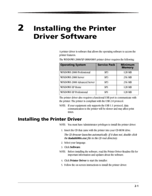 Page 212-1
2Installing the Printer 
Driver Software
A printer driver is software that allows the operating software to access the 
printer features.
The WINDOWS 2000/XP 6800/6805 printer driver requires the following:
The printer driver also requires a functional USB port to communicate with 
the printer. The printer is compliant with the USB 2.0 protocol.
NOTE:  If your equipment only supports the USB 1.1 protocol, data 
communication to the printer will be slower and may affect print 
times.
Installing the...