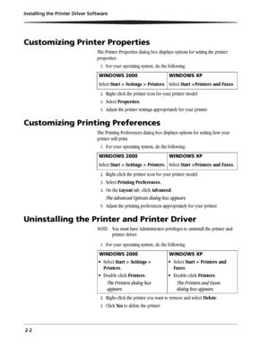 Page 22 2-2 Installing the Printer Driver Software
Customizing Printer Properties
The Printer Properties dialog box displays options for setting the printer 
properties. 
1.For your operating system, do the following:
2.Right-click the printer icon for your printer model.
3.Select Properties.
4.Adjust the printer settings appropriately for your printer.
Customizing Printing Preferences
The Printing Preferences dialog box displays options for setting how your 
printer will print. 
1.For your operating system, do...