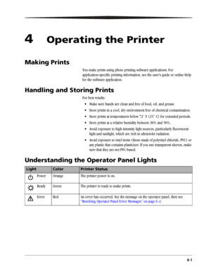Page 354-1
4Operating the Printer
Making Prints
You make prints using photo printing software applications. For 
application-specific printing information, see the user’s guide or online Help 
for the software application.
Handling and Storing Prints
For best results:
 Make sure hands are clean and free of food, oil, and grease.
 Store prints in a cool, dry environment free of chemical contamination.
 Store prints at temperatures below 72° F (25° C) for extended periods.
 Store prints at a relative humidity...
