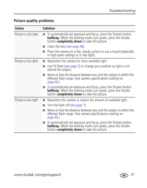 Page 47Troubleshooting
www.kodak.com/go/support
 41
Picture quality problems
StatusSolution
Picture is not clear■To automatically set exposure and focus, press the Shutter button 
halfway. When the framing marks turn green, press the Shutter 
button completely down to take the picture.
■Clean the lens (see page 48).
■Place the camera on a flat, steady surface or use a tripod (especially 
in high-zoom settings or in low light).
Picture is too dark■Reposition the camera for more available light.
■Use Fill flash...