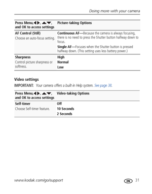 Page 37Doing more with your camera
www.kodak.com/go/support
 31
Video settings
IMPORTANT: 
Your camera offers a built-in Help system. See page 38.
AF Control (Still)
Choose an auto-focus setting.Continuous AF—Because the camera is always focusing, 
there is no need to press the Shutter button halfway down to 
focus.
Single AF—Focuses when the Shutter button is pressed 
halfway down. (This setting uses less battery power.)
Sharpness
Control picture sharpness or 
softness.High
Normal 
Low
Press Menu, ,  , 
and OK...