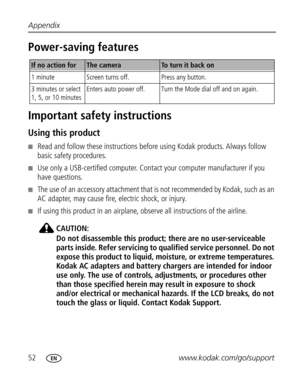 Page 58 52www.kodak.com/go/support Appendix
Power-saving features
Important safety instructions
Using this product
Read and follow these instructions before using Kodak products. Always follow 
basic safety procedures.
Use only a USB-certified computer. Contact your computer manufacturer if you 
have questions.
The use of an accessory attachment that is not recommended by Kodak, such as an 
AC adapter, may cause fire, electric shock, or injury.
If using this product in an airplane, observe all instructions...