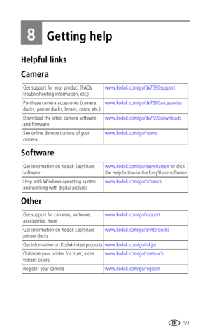 Page 67www.kodak.com/go/support 59
8Getting help
Helpful links
Camera 
Software
Other 
Get support for your product (FAQs, 
troubleshooting information, etc.)www.kodak.com/go/dx7590support
Purchase camera accessories (camera 
docks, printer docks, lenses, cards, etc.)www.kodak.com/go/dx7590accessories
Download the latest camera software 
and firmwarewww.kodak.com/go/dx7590downloads 
See online demonstrations of your 
camerawww.kodak.com/go/howto
Get information on Kodak EasyShare...