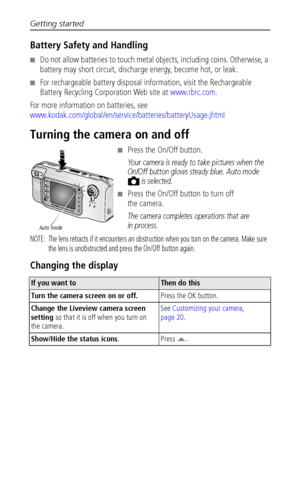 Page 10Getting started
 4
Battery Safety and Handling
■Do not allow batteries to touch metal objects, including coins. Otherwise, a 
battery may short circuit, discharge energy, become hot, or leak.
■For rechargeable battery disposal information, visit the Rechargeable 
Battery Recycling Corporation Web site at www.rbrc.com.
For more information on batteries, see 
www.kodak.com/global/en/service/batteries/batteryUsage.jhtml
Turning the camera on and off
■Press the On/Off button.
Your camera is ready to take...