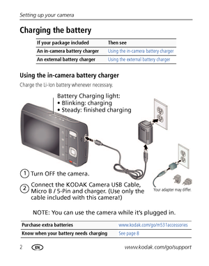 Page 82www.kodak.com/go/support
Setting up your camera
Charging the battery
Using the in-camera battery charger
Charge the Li-Ion battery whenever necessary.
If your package includedThen see
 
An in-camera battery charger  Using the in-camera battery charger
An external battery charger  Using the external battery charger
Purchase extra batteries  www.kodak.com/go/m531accessories
Know when your battery needs charging See page 8
Battery Charging light:
• Blinking: charging
• Steady: finished charging
Turn OFF...