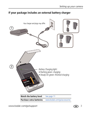 Page 9Setting up your camera
www.kodak.com/go/support
 3
If your package includes an external battery charger
Watch the battery levelSee page 11
Purchase extra batteries www.kodak.com/go/accessories
1
2
Battery Charging light:
• Flashing green: charging
• Steady On green: finished charging
Your charger and plugs may differ.
Downloaded From camera-usermanual.com Kodak Manuals 