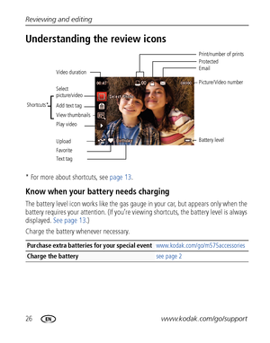 Page 3226www.kodak.com/go/support Reviewing and editing
Understanding the review icons
* For more about shortcuts, see page 13.
Know when your battery needs charging
The battery level icon works like the gas gauge in your car, but appears only when the 
battery requires your attention. (If you’re viewing shortcuts, the battery level is always 
displayed. See page 13.)
Charge the battery whenever necessary.
Purchase extra batteries for your special event www.kodak.com/go/m575accessories
Charge the battery see...