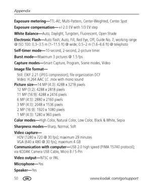 Page 5650www.kodak.com/go/support Appendix
Exposure metering—TTL-AE; Multi-Pattern, Center-Weighted, Center Spot
Exposure compensation—+/-2.0 EV with 1/3 EV step
White Balance—Auto, Daylight, Tungsten, Fluorescent, Open Shade
Electronic Flash—Auto flash; Auto, Fill, Red Eye, Off; Guide No. 7; working range 
@ ISO 100: 0.3–3.5 m (1–11.5 ft) @ wide; 0.5–2 m (1.6–6.6 ft) @ telephoto 
Self-timer mode—10-second, 2-second, 2-picture timer
Burst mode—Maximum 3 pictures @ 1.5 fps
Capture modes—Smart Capture, Program,...