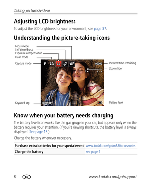 Page 148www.kodak.com/go/support Taking pictures/videos
Adjusting LCD brightness
To adjust the LCD brightness for your environment, see page 37.
Understanding the picture-taking icons
Know when your battery needs charging
The battery level icon works like the gas gauge in your car, but appears only when the 
battery requires your attention. (If you’re viewing shortcuts, the battery level is always 
displayed. See page 13.)
Charge the battery whenever necessary.
Purchase extra batteries for your special event...