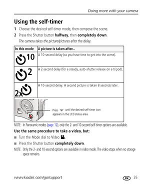 Page 41Doing more with your camera
www.kodak.com/go/support
 35
Using the self-timer
1Choose the desired self-timer mode, then compose the scene.
2Press the Shutter button halfway, then completely down.
The camera takes the picture/pictures after the delay.
NOTE:  In Panoramic modes (page 12), only the 2- and 10-second self-timer options are available.
Use the same procedure to take a video, but:
Turn the Mode dial to Video  .
Press the Shutter button completely down.
NOTE:  Only the 2- and 10-second options...