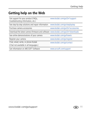 Page 17Getting help
www.kodak.com/go/support
 11
Getting help on the Web
Get support for your product (FAQs, 
troubleshooting information, etc.)www.kodak.com/go/Zm1support
See step-by-step solutions and repair informationwww.kodak.com/go/stepbystep
Purchase camera accessorieswww.kodak.com/go/Zm1accessories
Download the latest camera firmware and softwarewww.kodak.com/go/Zm1downloads 
See online demonstrations of your camerawww.kodak.com/go/howto
Register your camerawww.kodak.com/go/register
Chat, email, write,...