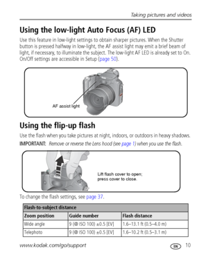 Page 17Taking pictures and videos
www.kodak.com/go/support
 10
Using the low-light Auto Focus (AF) LED
Use this feature in low-light settings to obtain sharper pictures. When the Shutter 
button is pressed halfway in low-light, the AF assist light may emit a brief beam of 
light, if necessary, to illuminate the subject. The low-light AF LED is already set to On. 
On/Off settings are accessible in Setup (page 50).
Using the flip-up flash 
Use the flash when you take pictures at night, indoors, or outdoors in...