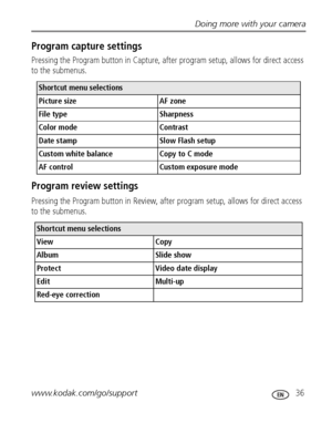 Page 43Doing more with your camera
www.kodak.com/go/support
 36
Program capture settings
Pressing the Program button in Capture, after program setup, allows for direct access 
to the submenus.
Program review settings
Pressing the Program button in Review, after program setup, allows for direct access 
to the submenus.
Shortcut menu selections
Picture size  AF zone 
File type  Sharpness 
Color mode  Contrast 
Date stamp  Slow Flash setup 
Custom white balance Copy to C mode
AF control  Custom exposure mode...