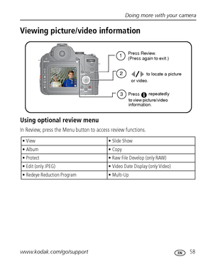 Page 65Doing more with your camera
www.kodak.com/go/support
 58
Viewing picture/video information
Using optional review menu
In Review, press the Menu button to access review functions.
• View • Slide Show
• Album  • Copy 
• Protect • Raw File Develop (only RAW)
• Edit (only JPEG) • Video Date Display (only Video)
• Redeye Reduction Program • Multi-Up 
1
2
Press Review.
(Press again to exit.)
3
to locate a picture
or video.
Pressrepeatedly
to view picture/video 
information.
Downloaded From...