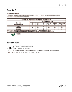 Page 65Appendix
www.kodak.com/go/support
 59
China RoHS
Russian GOST-R
Eastman Kodak Company
Rochester, NY 14650
Downloaded From camera-usermanual.com Kodak Manuals 