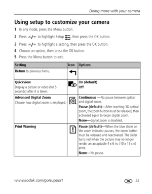 Page 39Doing more with your camera
www.kodak.com/go/support
 32
Using setup to customize your camera
1In any mode, press the Menu button.
2Press   to highlight Setup  , then press the OK button.
3Press   to highlight a setting, then press the OK button.
4Choose an option, then press the OK button.
5Press the Menu button to exit.
SettingIconOptions
Return to previous menu.  
Quickview
Display a picture or video (for 5 
seconds) after it is taken.On (default)
Off
Advanced Digital Zoom
Choose how digital zoom is...