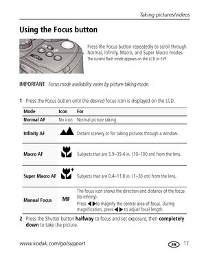 Page 23Taking pictures/videos
www.kodak.com/go/support
 17
Using the Focus button
IMPORTANT: Focus mode availability varies by picture-taking mode.
1Press the Focus button until the desired focus icon is displayed on the LCD.
2Press the Shutter button halfway to focus and set exposure, then completely 
down to take the picture.
ModeIconFor
Normal AFNo icon Normal picture taking.
Infinity AFDistant scenery or for taking pictures through a window.
Macro AFSubjects that are 3.9–39.4 in. (10–100 cm) from the lens....