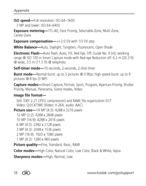 Page 6458www.kodak.com/go/support Appendix
ISO speed—Full resolution: ISO 64–1600
3 MP and lower: ISO 64–6400
Exposure metering—TTL-AE; Face Priority, Selectable-Zone, Multi-Zone, 
Center-Zone
Exposure compensation—+/-2.0 EV with 1/3 EV step
White Balance—Auto, Daylight, Tungsten, Fluorescent, Open Shade
Electronic Flash—Auto flash; Auto, Fill, Red Eye, Off; Guide No. 9 (m); working 
range @ ISO 100 in Smart Capture mode with Red-eye Reduction off: 6.2 m (20.3 ft) 
@ wide; 3.5 m (11.5 ft) @ telephoto...