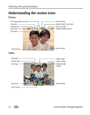 Page 2822www.kodak.com/go/support Working with pictures/videos
Understanding the review icons
Pictures
Videos
Scroll arrows Email tagFavorite tag Print tag/number of prints
Kodak Perfect Touch tech.
Picture number
Image storage location
Review mode Protected
Tag name
Blur warning
Scroll arrows Email tagFavorite tagProtected
Video number
Image storage 
location
Review mode
Date/Time
Video length
:ownloadedRXromRcameraTusermanual7comR—odakRGanuals 