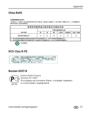 Page 61Appendix
www.kodak.com/go/support
 55
China RoHS 
VCCI Class B ITE
Russian GOST-R
Eastman Kodak Company
Rochester, NY 14650
AIO-40
:ownloadedRXromRcameraTusermanual7comR—odakRGanuals 
