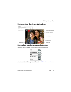 Page 19Taking pictures/videos
www.kodak.com/go/support
 12
Understanding the picture-taking icons
Know when your batteries need attention
The battery level icon appears when the battery requires your attention. 
Full
Three quarters
Half
One Quarter
Critical
Purchase extra batteries for your special eventwww.kodak.com/go/accessories
Battery level Capture mode
Pictures/time remaining
Zoom indicator
Keyword tag Self timer
Flash mode
Exposure compensation
Time/Date stamp
Video/time remaining 