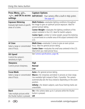 Page 3226www.kodak.com/go/support Using the menu button
Exposure Metering
Evaluate light levels at specific 
areas of a scene.Multi-Pattern—evaluates lighting conditions throughout 
the image to give an optimum picture exposure. Ideal for 
general picture taking.
Center-Weight—evaluates the lighting conditions of the 
subject centered in the LCD. Ideal for backlit subjects.
Center-Spot—similar to Center-weight, except the metering 
is concentrated on a smaller area of the subject centered in the 
LCD.
AF Zone...