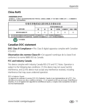 Page 61Appendix
www.kodak.com/go/support
 55
China RoHS
Canadian DOC statement
DOC Class B Compliance—This Class B digital apparatus complies with Canadian 
ICES-003.
Observation des normes-Classe B—Cet appareil numérique de la classe B est 
conforme à la norme NMB-003 du Canada.
FCC and Industry Canada 
This device complies with Industry Canada RSS-210 and FCC Rules. Operation is 
subject to the following two conditions: (1) this device may not cause harmful 
interference, and (2) this device must accept any...